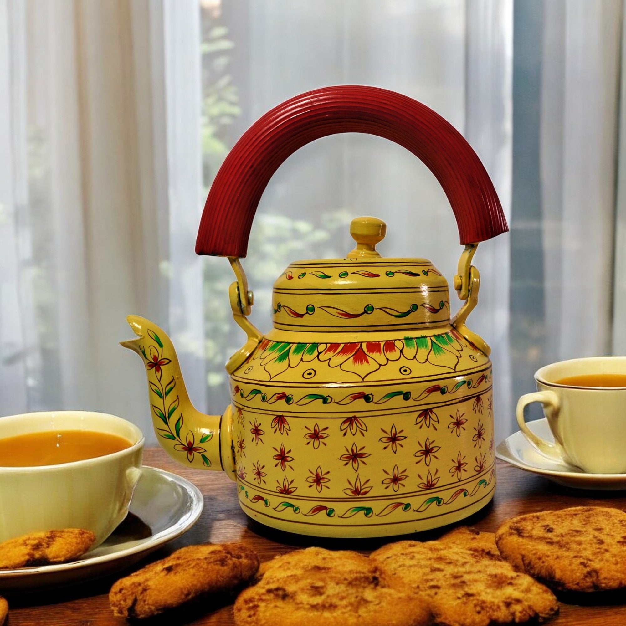 Hand Painted Aluminium Kettle And 2 Glass Set