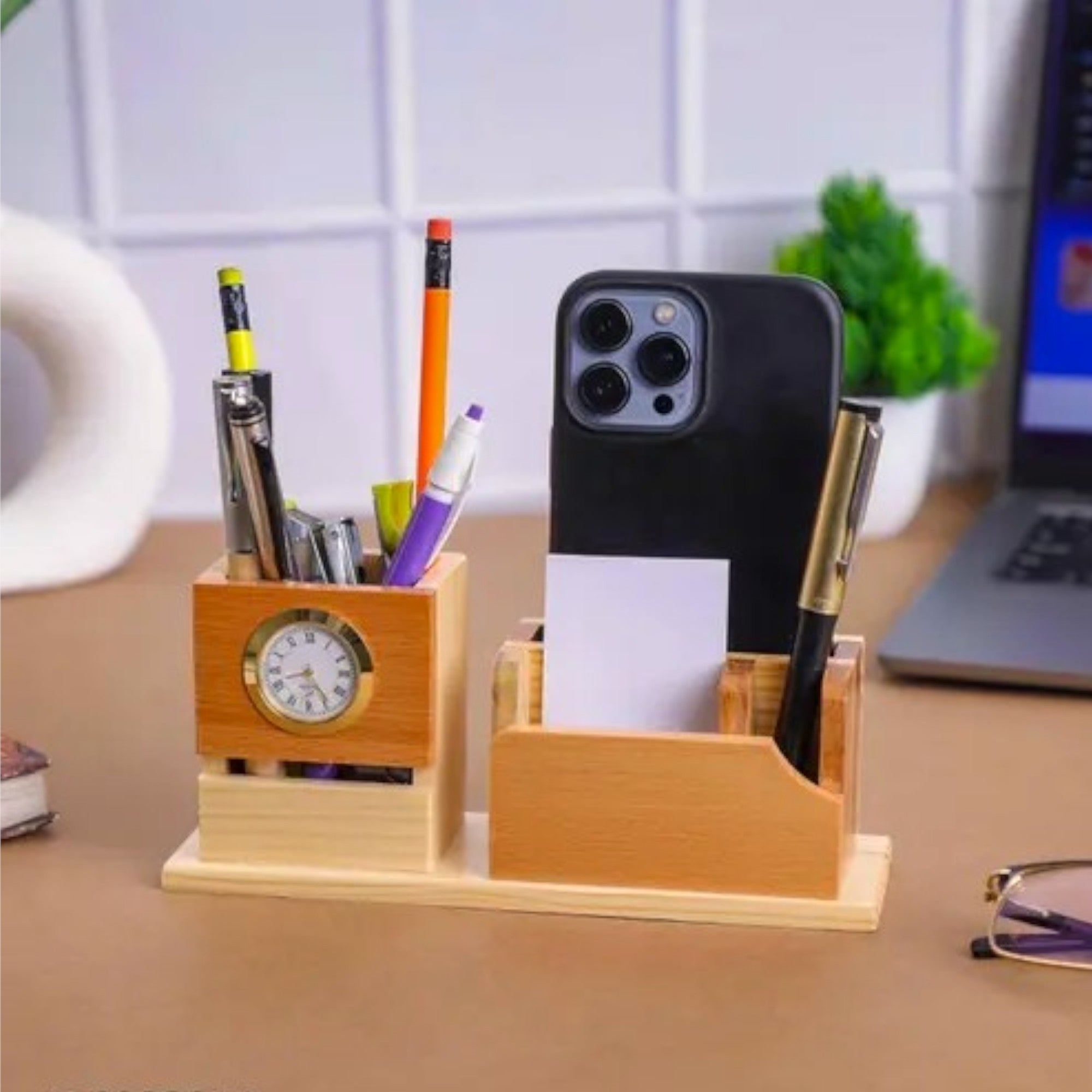 Wooden Desk Pen Holder With Clock Set of 50