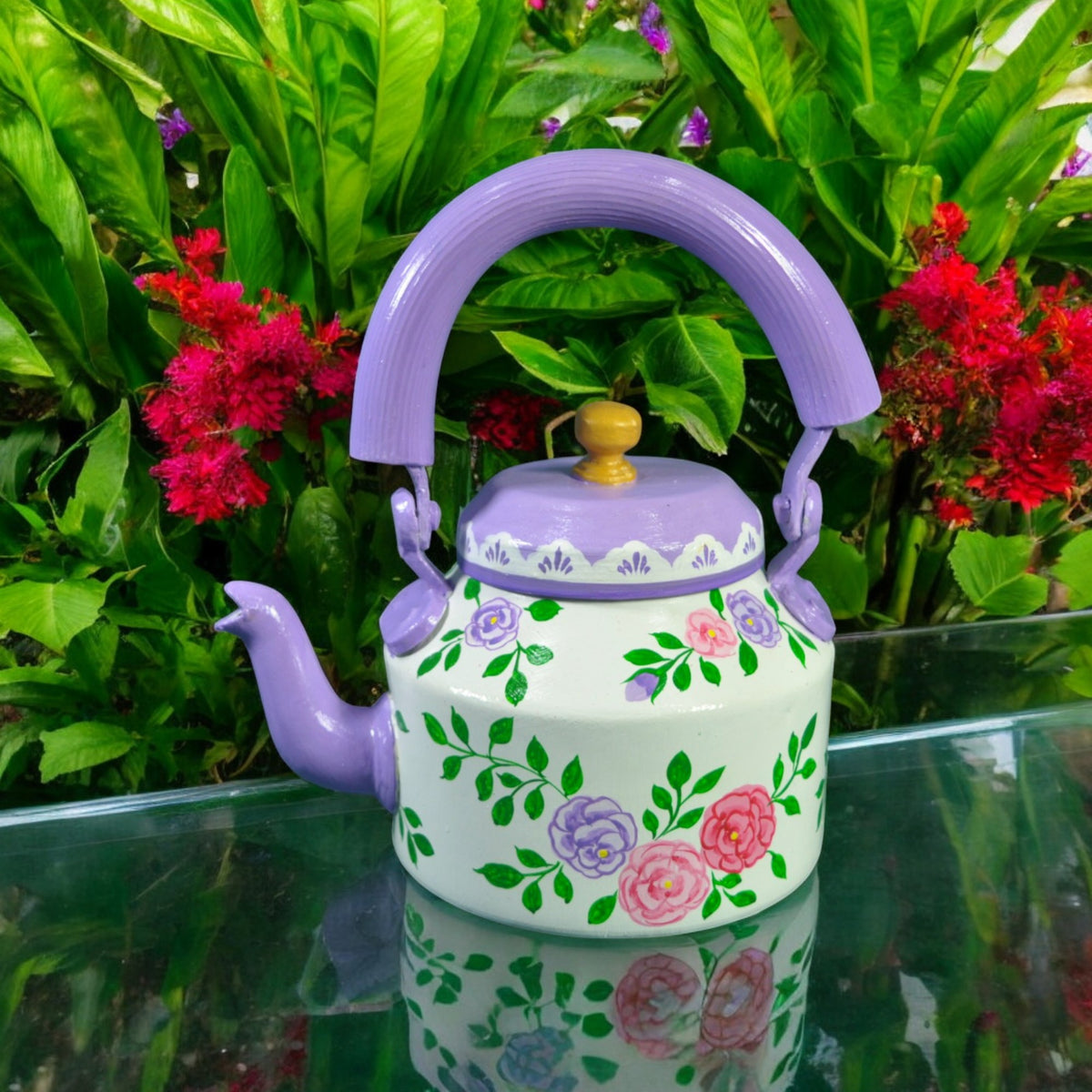 Aluminum Painted Tea Kettle floral print