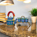 Hand Painted Aluminium Kettle Jute Stand 6 Glass Set Blue