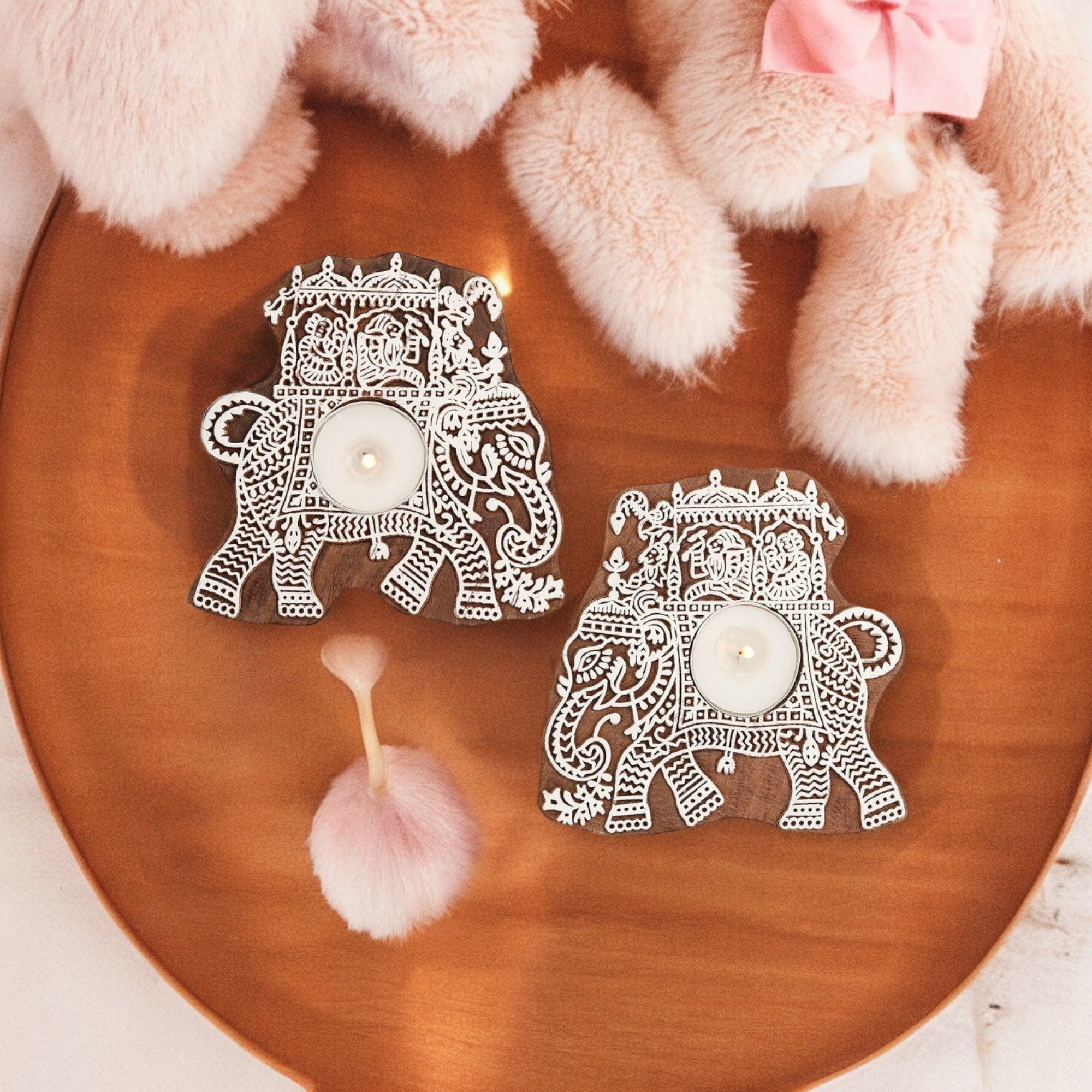 Eco-friendly Wooden Elephant Tealight Candle Holder Set of 2