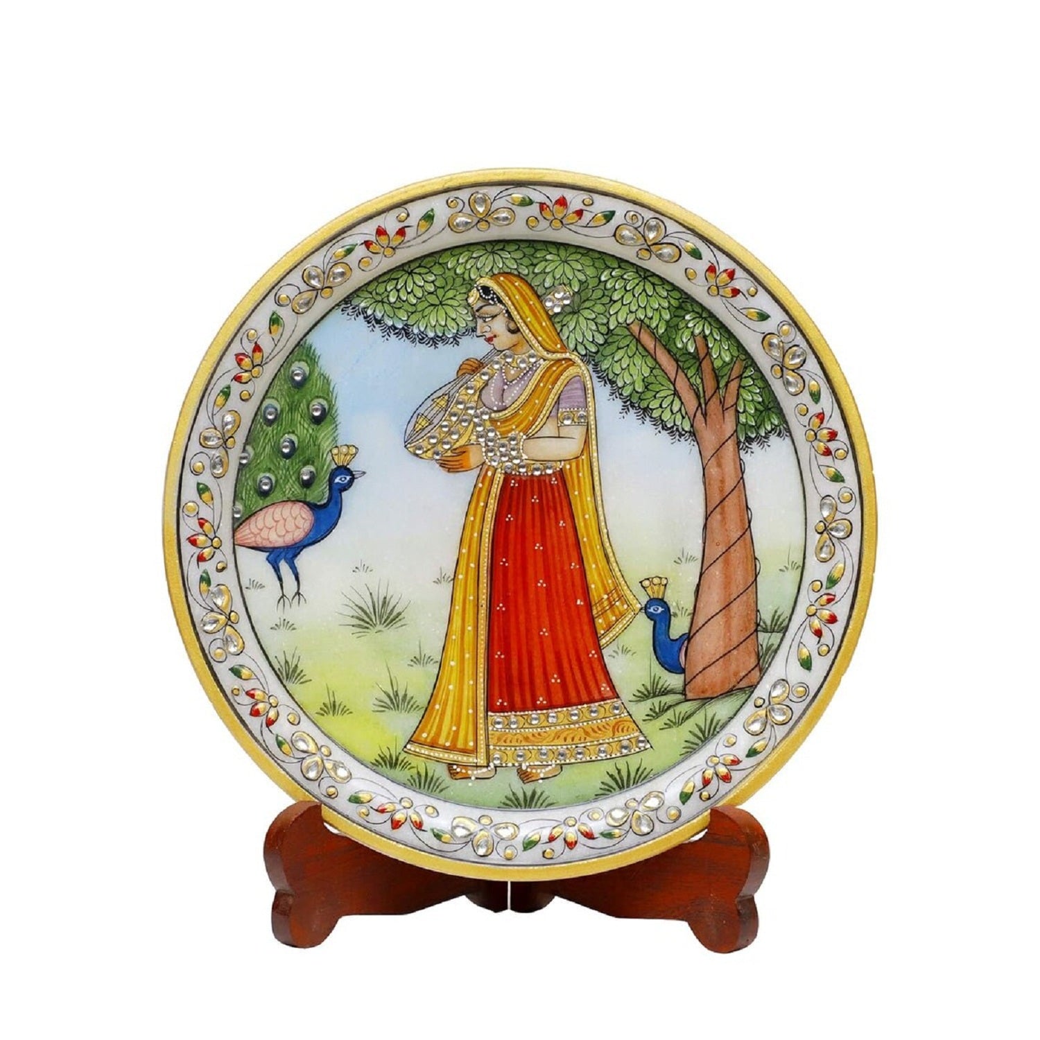 Marbel Round Ragini Plate With Wood Stand