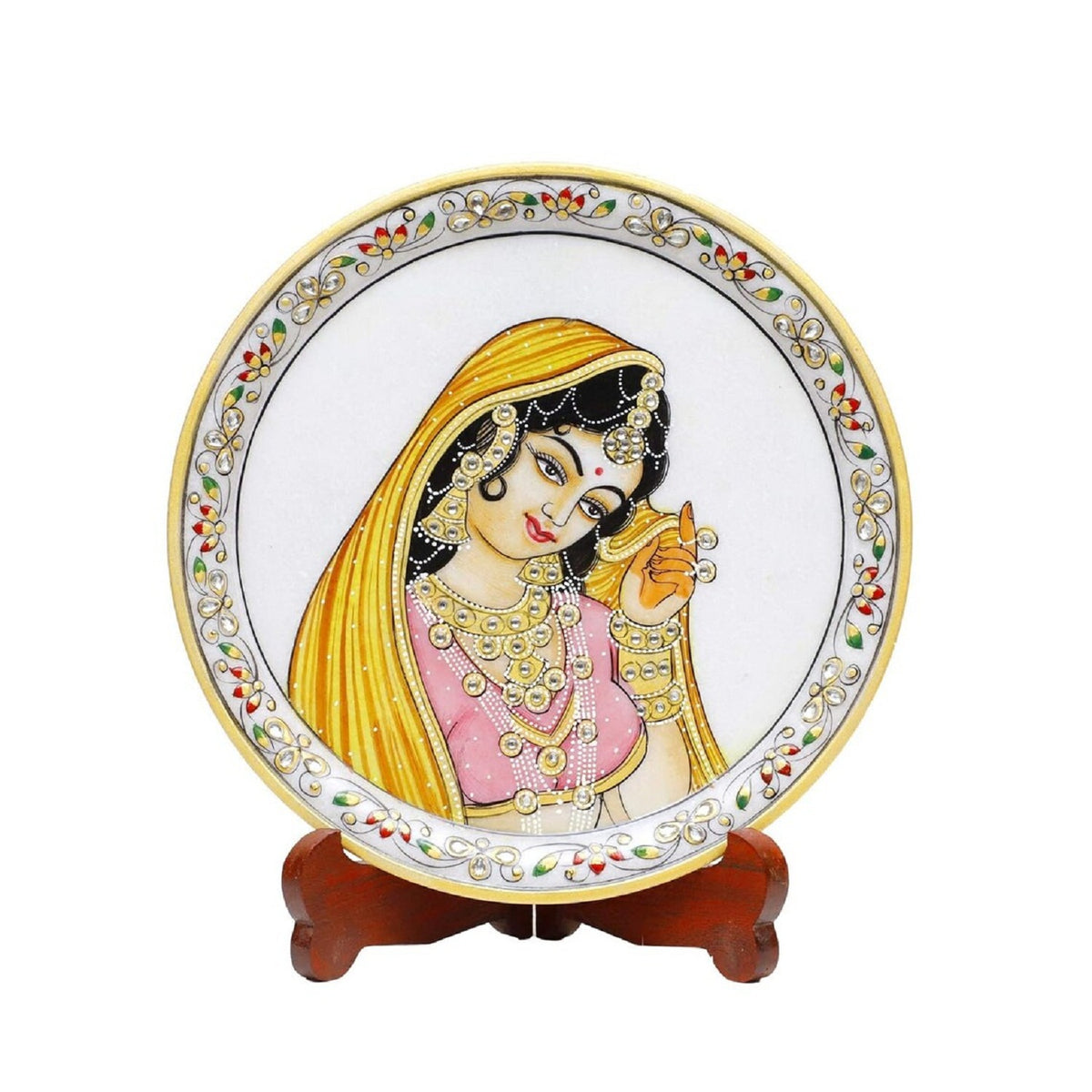 Marbel Round Ragini With pallu Plate With Wood Stand