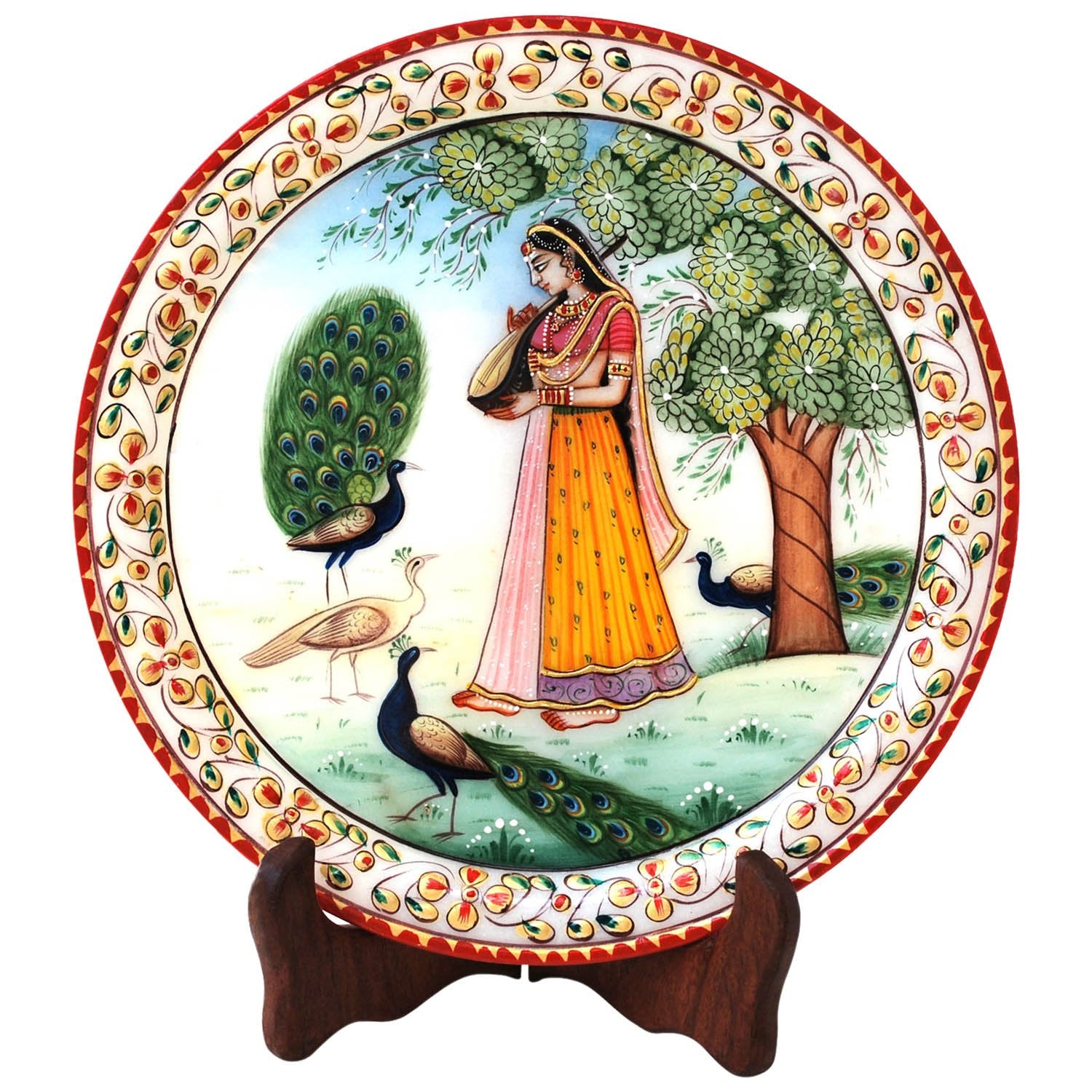 Marbel Round Ragini With Peocock Plate With Wood Stand