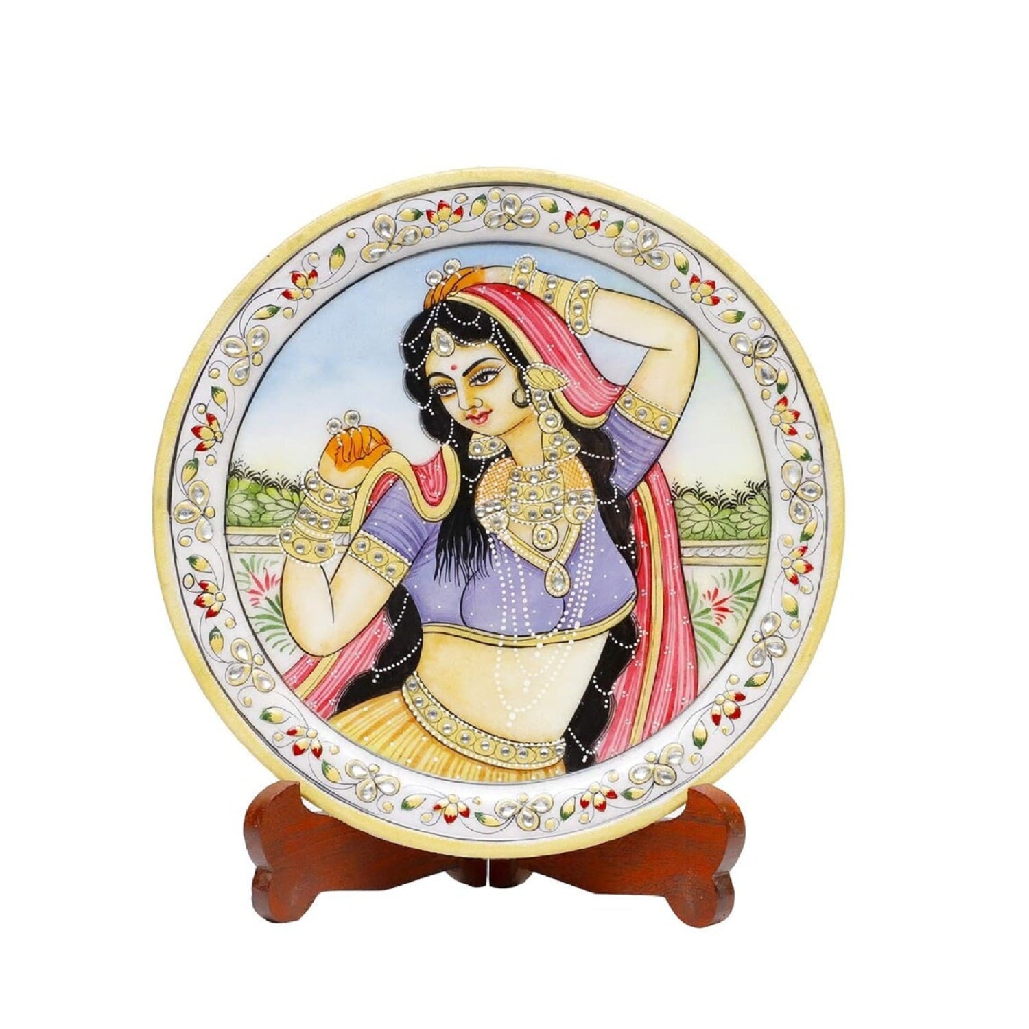 Marbel Round Ragini With Ring Plate With Wood Stand