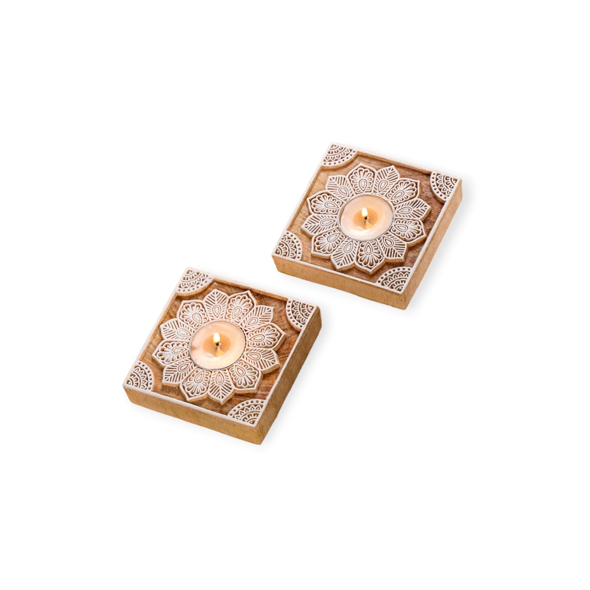 Wooden Tea Light Candle Holder Chokur Shape Set of 2