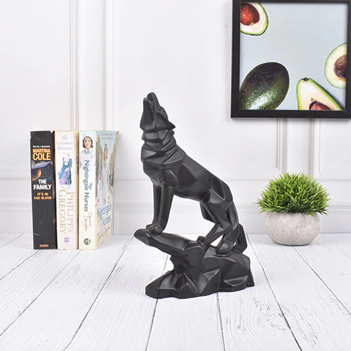 Striking Black Wolf Polyresin Sculpture Showpiece